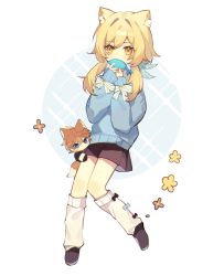 Rule 34 | 1boy, 1girl, animal, animal ears, black footwear, black skirt, blonde hair, blue sweater, cat ears, cat tail, chibi, chibi inset, feather hair ornament, feathers, fish, fish in mouth, flower, fox boy, fox ears, fox tail, full body, genshin impact, hair ornament, highres, holding, holding animal, holding fish, kemonomimi mode, leg warmers, long sleeves, looking at viewer, looking to the side, lumine (genshin impact), mouth hold, pleated skirt, puffy long sleeves, puffy sleeves, reido 0723, shoes, short hair with long locks, sidelocks, skirt, sweater, tail, tartaglia (genshin impact), two-tone background, white legwear, yellow eyes