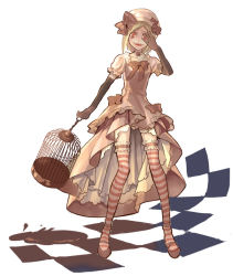 Rule 34 | 00s, 1girl, bad id, bad pixiv id, beret, birdcage, blonde hair, cage, crazy eyes, dress, elbow gloves, frills, gloves, hat, lambdadelta, lololo, orange eyes, pink dress, ribbon, short hair, smile, solo, striped clothes, striped thighhighs, thighhighs, too many, umineko no naku koro ni, white background, yandere