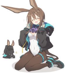 Rule 34 | 1girl, 1other, ambiguous gender, amiya (arknights), animal ears, arknights, ascot, black footwear, black gloves, black jacket, blush, breasts, brown hair, closed eyes, commentary, covered navel, doctor (arknights), gloves, highres, jacket, jewelry, leotard, long hair, long sleeves, multiple rings, open mouth, playboy bunny, purple ascot, rabbit ears, ring, satou kibi, shoes, sitting, small breasts, sparkle, wariza, white leotard