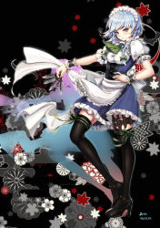 Rule 34 | 1girl, apron, artist name, ascot, between fingers, black background, black footwear, black thighhighs, blue dress, blue eyes, blush, bow, braid, breasts, brooch, commentary, cross-laced clothes, dress, forth (forthtin), frilled apron, frills, full body, green ascot, green bow, hair bow, high heels, highres, holding, holding knife, holding weapon, holster, izayoi sakuya, jewelry, knife, knives between fingers, leg ribbon, looking at viewer, maid, maid apron, maid headdress, medium breasts, petticoat, puffy short sleeves, puffy sleeves, revision, ribbon, shirt, short dress, short hair, short sleeves, signature, silhouette, silver hair, solo, standing, thigh holster, thighhighs, touhou, twin braids, waist apron, weapon, white apron, white shirt, wrist cuffs, zettai ryouiki