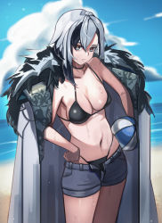 Rule 34 | 1girl, absurdres, arlecchino (genshin impact), ball, bare shoulders, beach, beachball, bikini, black bikini, black hair, blue sky, breasts, cloud, coat, coat on shoulders, commentary, cowboy shot, day, english commentary, fur-trimmed coat, fur trim, genshin impact, grey coat, grey eyes, grey hair, grey shorts, hand on own hip, highres, holding, holding ball, looking at viewer, medium breasts, multicolored hair, navel, ocean, open fly, outdoors, plabit, revision, short hair, short shorts, shorts, sky, solo, standing, stomach, streaked hair, sweat, swimsuit, thighs, water