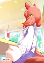 Rule 34 | 1girl, animal ears, back bow, blurry, blurry foreground, bow, bowtie, brown hair, clenched hand, commentary, cup, depth of field, disposable cup, ear covers, foreshortening, hair tie, highres, horse ears, horse girl, horse tail, indoors, long sleeves, maboroshineko, medium hair, miniskirt, nice nature (umamusume), pleated skirt, purple bow, purple bowtie, purple sailor collar, purple shirt, purple skirt, sailor collar, school uniform, serafuku, shirt, sitting, skirt, solo, table, tail, tracen school uniform, translated, twintails, umamusume, white bow, white bowtie, window, winter uniform