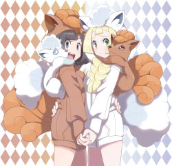 Rule 34 | 2girls, :d, alolan form, alolan vulpix, alternate costume, argyle, argyle background, argyle clothes, black hair, blonde hair, blue eyes, braid, brown hoodie, closed mouth, cowboy shot, creatures (company), eyebrows, eyelashes, facing another, from side, furrowed brow, game freak, gen 1 pokemon, gen 7 pokemon, green eyes, hand on another&#039;s back, highres, holding hands, hood, hood up, hoodie, interlocked fingers, lillie (pokemon), long hair, long sleeves, looking at viewer, midoko, multiple girls, nintendo, open mouth, pocket, pokemon, pokemon (creature), pokemon sm, selene (pokemon), short hair, smile, standing, teeth, tongue, twin braids, vulpix, white hoodie