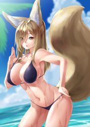 Rule 34 | 1girl, animal ear fluff, animal ears, armpits, bikini, black bikini, breasts, brown eyes, brown hair, cleavage, covered erect nipples, eyes visible through hair, fox ears, fox girl, fox tail, hair between eyes, hair over one eye, hand on own hip, hand up, highres, kazuki seihou, large breasts, large tail, long hair, looking at viewer, navel, original, outdoors, parted lips, sideboob, sidelocks, skindentation, solo, strap lift, swimsuit, tail, thighs, water, wet