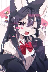 Rule 34 | 1girl, absurdres, animal ears, animal nose, artist name, black hair, blush, bow, bowtie, chromatic aberration, collared shirt, commentary, eyelashes, fang, food, fruit, furry, furry female, grid background, heart, highres, hood, hood down, hooded jacket, jacket, loose bowtie, meg (115meg), one eye closed, open mouth, original, purple eyes, red bow, red bowtie, shirt, shirt tucked in, solo, sticker, strawberry, symbol-only commentary, tail, upper body, white shirt, wolf ears, wolf tail