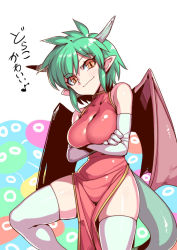 Rule 34 | 1girl, alternate breast size, bare shoulders, breast hold, breasts, china dress, chinese clothes, closed mouth, covered collarbone, crossed arms, draco centauros, dragon girl, dragon horns, dragon tail, dragon wings, dress, elbow gloves, gloves, green hair, head tilt, horns, large breasts, leg up, looking at viewer, musical note, orange eyes, pointy ears, puyopuyo, quaver, red dress, red wings, shiny clothes, shiny skin, short hair, sidelocks, skindentation, slit pupils, smile, solo, standing, swept bangs, tail, thighhighs, tukiwani, white background, white gloves, white thighhighs, wide hips, wings