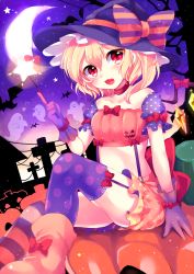 Rule 34 | 1girl, blonde hair, flandre scarlet, garter straps, gloves, halloween, hat, highres, paragasu (parags112), patterned legwear, polka dot, polka dot legwear, red eyes, solo, striped clothes, striped thighhighs, thighhighs, touhou, wings