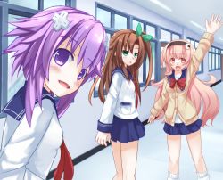 Rule 34 | 10s, 3girls, blush, bow, breasts, brown hair, compa, d-pad, d-pad hair ornament, flat chest, green eyes, hair bow, hair ornament, hairband, hallway, himajin (starmine), if (neptunia), indoors, large breasts, long hair, looking at viewer, looking back, multiple girls, neptune (neptunia), neptune (series), open mouth, pink eyes, pink hair, purple eyes, purple hair, school uniform, short hair, smile, socks, uniform, very long hair, waving