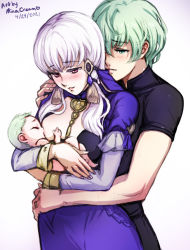 Rule 34 | 2021, artist name, baby, blush, breast sucking, breastfeeding, byleth (fire emblem), byleth (male) (fire emblem), dated, fire emblem, fire emblem: three houses, green eyes, green hair, if they mated, lysithea von ordelia, mina cream, mother and child, nintendo, red eyes, simple background, white background, white hair