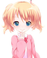 Rule 34 | 10s, 1girl, alice cartelet, blonde hair, blue eyes, blush, kin-iro mosaic, looking at viewer, school uniform, short hair, smile, solo, sora to umi, twintails
