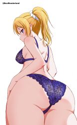 Rule 34 | 1girl, absurdres, ass, ass focus, ayase eli, bare arms, blonde hair, blue bra, blue eyes, blue panties, box wonderland, bra, breasts, commentary, cowboy shot, english commentary, floral print, from behind, hair ornament, hair scrunchie, hand on own hip, highres, large breasts, long hair, looking at viewer, looking back, looking down, love live!, love live! school idol project, panties, ponytail, print bra, print panties, profile, rose print, scrunchie, shoulder blades, sideboob, simple background, solo, standing, twitter username, underwear, underwear only, white background, white scrunchie