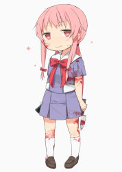 Rule 34 | 1girl, bad id, bad pixiv id, blood, blood on clothes, blood on face, bloody knife, cellphone, gasai yuno, hair ribbon, heart, heart-shaped pupils, holding, kneehighs, knife, long hair, mirai nikki, phone, pink hair, red eyes, ribbon, school uniform, sidelocks, simple background, skirt, socks, solo, sparkle, standing, symbol-shaped pupils, tsuduya (knt31), twintails, weapon, white socks, yandere