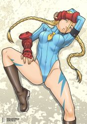 Rule 34 | 1990s (style), 1girl, bad id, bad pixiv id, blonde hair, blue eyes, blue leotard, boots, braid, cammy white, capcom, crotch, fingerless gloves, garrison cap, gloves, hat, leg hold, leotard, long hair, looking at viewer, lying, mitani nobuyuki, on back, parted lips, solo, spread legs, street fighter, street fighter ii (series), street fighter zero (series), thighs, twin braids