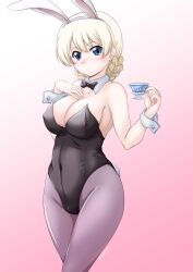 Rule 34 | 1girl, animal ears, bare shoulders, black bow, black bowtie, black pantyhose, blonde hair, blue eyes, blush, bow, bowtie, braid, breasts, cup, darjeeling (girls und panzer), detached collar, girls und panzer, gradient background, hand on own chest, highres, holding, holding cup, large breasts, leotard, looking at viewer, pantyhose, playboy bunny, rabbit ears, signature, smile, solo, teacup, twin braids, wrist cuffs, yts takana