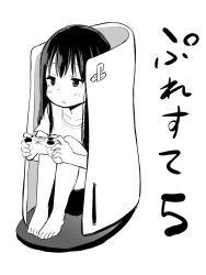Rule 34 | 1girl, absurdres, airandou, barefoot, blush, closed mouth, commentary request, controller, dualsense, game console, game controller, greyscale, highres, holding, holding controller, long hair, monochrome, original, playstation 5, playstation controller, sitting, sketch, solo, translated