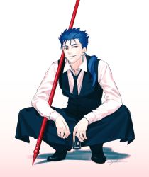 Rule 34 | 1boy, apron, blue hair, can, collared shirt, cu chulainn (fate), cu chulainn (fate/stay night), earrings, fate/stay night, fate (series), full body, gae bolg (fate), holding, holding can, jewelry, long hair, male focus, necktie, official alternate costume, open mouth, polearm, ponytail, red eyes, shirt, signature, smile, solo, spiked hair, squatting, suda ayaka, type-moon, vest, waiter, weapon, white background