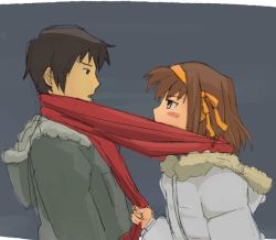 Rule 34 | 00s, kyon, pinzu, scarf, shared clothes, shared scarf, sketch, suzumiya haruhi, suzumiya haruhi no yuuutsu