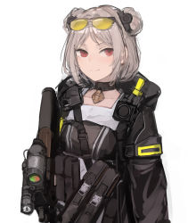 Rule 34 | 1girl, black choker, breasts, buckle, bullpup, choker, closed mouth, collarbone, double bun, eyewear on head, girls&#039; frontline, gun, hair bun, hair ornament, highres, holding, holding gun, holding weapon, hood, hood down, jacket, long sleeves, looking at viewer, p90, p90 (girls&#039; frontline), personal defense weapon, rampart1028, red eyes, scope, short hair, simple background, smile, snap-fit buckle, solo, strap, submachine gun, sunglasses, sunglasses on head, tactical clothes, upper body, weapon