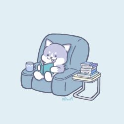 Rule 34 | :3, :p, absurdres, artist name, book, book stack, chair, coffee, couch, cup, dog, highres, husky, light blue background, mug, no humans, olivia (shkm2443), original, reading, simple background, sitting, table, thick eyebrows, tongue, tongue out