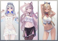 Rule 34 | 3girls, absurdres, amane kanata, amane kanata (nurse), angel wings, animal ear fluff, animal ears, arm up, armband, armpits, arms behind head, arms up, bandaged arm, bandages, bare arms, bare shoulders, bikini, blonde hair, blue bow, blue eyes, blue hair, bow, bowtie, braid, braided bun, breasts, brown legwear, cleavage, closed mouth, collar, collarbone, collared shirt, colored inner hair, covered navel, cowboy shot, crop top, crown braid, dark-skinned female, dark skin, detached collar, double bun, dress, dripping, elf, frilled dress, frilled skirt, frills, groin, hair between eyes, hair bow, hair bun, hair ornament, hakui koyori, hand up, hands in hair, hands up, hat, highres, holding, holding clothes, holding dress, holding necktie, hololive, id card, intravenous drip, long hair, looking at viewer, medium breasts, midriff, multicolored hair, multiple girls, navel, necktie, nude, nurse cap, pantyhose, pi tayuko, pink hair, pink necktie, pointy ears, ponytail, red bow, red bowtie, red eyes, see-through, see-through dress, shiranui flare, shirt, simple background, skirt, sleeveless, sleeveless shirt, smile, standing, streaked hair, swimsuit, tail, tan, thighs, very long hair, virtual youtuber, wavy hair, wet, white background, white bikini, white collar, white hair, white shirt, wings, wolf ears, wolf tail, x hair ornament