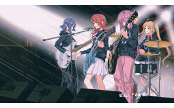 Rule 34 | 4girls, absurdres, ahoge, band, bass guitar, black hoodie, black pants, bocchi the rock!, ceiling light, cymbals, dated, drum, drumsticks, electric guitar, gotoh hitori, guitar, hair over eyes, hi-hat, highres, holding, holding drumsticks, holding guitar, holding instrument, hood, hood down, hoodie, ijichi nijika, instrument, kessoku band hoodie (bocchi the rock!), kessoku band logo, kita ikuyo, letterboxed, long hair, microphone, microphone stand, multiple girls, music, open mouth, pants, pink pants, playing instrument, pleated skirt, q t (pixiv), side ponytail, singing, sitting, skirt, speaker, stage, standing, white skirt, yamada ryo