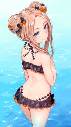 Rule 34 | 1girl, abigail williams (emerald float) (fate), abigail williams (fate), ass, back, bare arms, bare shoulders, bikini, bikini skirt, black bikini, black bow, blonde hair, blue eyes, blush, bow, butt crack, closed mouth, day, double bun, emerald float, fate/grand order, fate (series), forehead, from behind, hair bow, hair bun, halterneck, highres, long hair, looking at viewer, looking back, official alternate costume, orange bow, outdoors, parted bangs, polka dot, polka dot bikini, polka dot bow, side bun, sidelocks, smile, solo, standing, sukemyon, swimsuit, water
