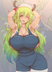 Rule 34 | 10s, 1girl, armpits, arms behind head, arms up, bare shoulders, baseball cap, blonde hair, blush, breasts, cleavage, closed eyes, collarbone, curvy, dragon girl, dragon horns, gradient hair, green eyes, green hair, hat, highres, horns, huge breasts, kobayashi-san chi no maidragon, long hair, looking at viewer, lucoa (maidragon), multicolored hair, no bra, one eye closed, open mouth, overalls, ponponmaru, shiny skin, sideboob, smile, solo, standing, suspenders, sweat, tank top, wide hips, wink, wristband