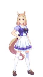 Rule 34 | 1girl, animal ears, blonde hair, bow, bowtie, brown footwear, frilled skirt, frills, highres, horse ears, horse girl, horse tail, horseshoe ornament, loafers, looking at viewer, narita top road (umamusume), official art, parted bangs, pleated skirt, puffy short sleeves, puffy sleeves, purple bow, purple bowtie, purple eyes, purple serafuku, purple shirt, sailor collar, sailor shirt, school uniform, serafuku, shirt, shoes, short hair, short sleeves, simple background, skirt, smile, solo, summer uniform, tail, thighhighs, tracen school uniform, transparent background, umamusume, white bow, white skirt, white thighhighs