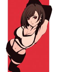 Rule 34 | 1girl, abs, alternate hair length, alternate hairstyle, armpits, arms behind head, arms up, black gloves, bob cut, breasts, brown hair, cleavage, commentary, crop top, earrings, elbow gloves, english commentary, eyelashes, final fantasy, final fantasy vii, flat color, from above, from side, gloves, head tilt, high contrast, jewelry, large breasts, leaning back, lips, looking at viewer, looking to the side, looking up, midriff, miniskirt, moshimoshibe, navel, outside border, parted lips, pencil skirt, red background, red eyes, red pupils, shirt, short hair, simple background, skirt, solo, standing, suspenders, swept bangs, tank top, taut clothes, taut shirt, thighhighs, tifa lockhart, white tank top