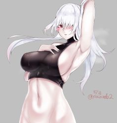Rule 34 | 1girl, armpits, artist name, azur lane, blush, breasts, colorado (azur lane), covered erect nipples, grey background, hair over one eye, highres, impossible clothes, large breasts, long hair, pale skin, paundo2, red eyes, sideboob, simple background, skin tight, solo, stomach, white hair