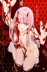 Rule 34 | 10s, 1girl, :q, arms up, bad id, bad pixiv id, barefoot, blood, blunt bangs, bomhat, breasts, character name, cleavage, darling in the franxx, from below, highres, horns, long hair, looking at viewer, medium breasts, navel, nude, pink hair, red eyes, shiny skin, solo, tongue, tongue out, zero two (darling in the franxx)