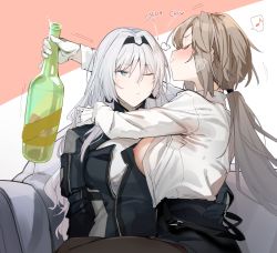 Rule 34 | 2girls, an-94 (girls&#039; frontline), aqua eyes, arms around neck, black gloves, blush, bottle, breasts, breasts out, closed eyes, collared shirt, commentary request, commission, couch, drunk, earrings, female commander (girls&#039; frontline), girls&#039; frontline, gloves, grey hair, hair tie, hairband, hand on another&#039;s shoulder, hand on another&#039;s waist, heart, jewelry, large breasts, long hair, looking at another, multiple girls, musical note, nipples, one breast out, one eye closed, open clothes, open shirt, pantyhose, ponytail, shirt, single earring, sitting, sitting on lap, sitting on person, skeb commission, skirt, smile, tactical clothes, uno ryoku, white gloves, white shirt, yuri