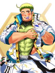 Rule 34 | 1boy, absurdres, ahoge, bandaid, bandaid on face, bandaid on nose, bara, belt, black hair, blush, capsule, clothing cutout, condom, condom in mouth, covered abs, crave saga, facial hair, gloves, goatee stubble, grabbing own pectoral, green hair, grin, high collar, highres, holding, hygieios (crave saga), jacket, jumpsuit, large pectorals, male focus, mouth hold, multicolored hair, muscular, muscular male, one eye closed, open jumpsuit, paint on clothes, pectorals, pouch, short hair, side cutout, single glove, skin tight, sleeves rolled up, smile, solo, stubble, two-tone eyebrows, two-tone hair, white gloves, white jacket, white jumpsuit, xiongxiongood