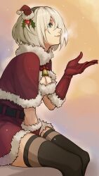 Rule 34 | 1girl, 2b (nier:automata), absurdres, alternate costume, bell, belt, black belt, black thighhighs, blue eyes, breasts, capelet, christmas, cleavage, cleavage cutout, clothing cutout, commentary, dress, english commentary, enotouwa, fur-trimmed capelet, fur-trimmed dress, fur-trimmed gloves, fur-trimmed headwear, fur collar, fur trim, gloves, green hairband, grin, hairband, hat, highres, invisible chair, lips, medium breasts, mini hat, neck bell, nier:automata, nier (series), parted lips, pink lips, profile, red capelet, red dress, red gloves, red headwear, santa costume, santa hat, short hair, sitting, smile, solo, thighhighs, white hair