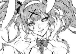 Rule 34 | 1girl, :p, absurdres, animal ear hairband, animal ears, artist name, bare shoulders, blush, bow, closed mouth, collarbone, detached collar, ericathw, fake animal ears, greyscale, hair ornament, hairband, hatsune miku, head tilt, heart, heart-shaped pupils, highres, licking lips, long hair, looking at viewer, monochrome, necktie, nose blush, portrait, rabbit ear hairband, rabbit ears, rabbit hole (vocaloid), short necktie, smile, solo, symbol-shaped pupils, teardrop facial mark, tongue, tongue out, twintails, vocaloid, x hair ornament