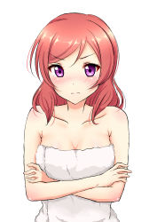 Rule 34 | 10s, 1girl, 3:, 3:&lt;, absurdres, blush, breasts, cleavage, collarbone, crossed arms, highres, looking at viewer, love live!, love live! school idol project, naked towel, nishikino maki, purple eyes, red hair, satoharu, simple background, solo, towel, v-shaped eyebrows, white background