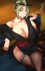 Rule 34 | 1girl, bare shoulders, black thighhighs, breasts, cafekun, cleavage, collarbone, commentary, commentary request, crossed legs, english commentary, fishnet thighhighs, fishnets, gintama, green hair, highres, holding, holding smoking pipe, japanese clothes, large breasts, long sleeves, looking at viewer, mixed-language commentary, off shoulder, parted bangs, parted lips, scar, scar across eye, sitting, smoke, smoking pipe, solo, thighhighs, thighs, tsukuyo (gintama)