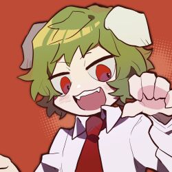 Rule 34 | 1boy, animal ears, collared shirt, commentary request, dog ears, employee (project moon), fangs, green skirt, highres, lobotomy corporation, long sleeves, male focus, necktie, open mouth, orange background, project moon, red eyes, red necktie, shirt, short hair, simple background, skirt, smile, solo, teeth, tesna, upper teeth only, white shirt