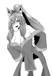 Rule 34 | 1girl, animal ear fluff, animal ears, bare shoulders, breasts, cleavage, commission, cowboy shot, curvy, facing viewer, glasses, greyscale, high ponytail, highres, leaning forward, long hair, looking at viewer, monochrome, no bra, norman maggot, simple background, smile, solo, standing, white background, wide sleeves