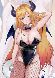 Rule 34 | 1girl, absurdres, alternate costume, arm at side, arm behind head, black bow, black bowtie, black horns, black leotard, black tail, black wings, blonde hair, blue eyes, bow, bowtie, breast tattoo, breasts, closed mouth, commentary request, cowboy shot, demon girl, demon horns, demon tail, demon wings, detached collar, fishnet pantyhose, fishnets, hand in own hair, highleg, highleg leotard, highres, holding, holding tray, hololive, horn ornament, horn ring, horns, large breasts, leotard, light blush, long hair, looking at viewer, pantyhose, playboy bunny, pointy ears, smile, standing, strapless, strapless leotard, swept bangs, tail, tattoo, tomo0843, traditional bowtie, tray, very long hair, virtual youtuber, white wrist cuffs, winged heart, wings, wrist cuffs, yuzuki choco, zoom layer