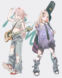 Rule 34 | 1girl, absurdres, alternate costume, alternate hairstyle, baggy clothes, baggy pants, black necktie, blonde hair, blowing bubbles, chainsaw man, character name, chewing gum, crop top, cross-shaped pupils, guitar case, hair between eyes, hair ornament, hairclip, highres, holding, holding instrument, horns, instrument, instrument case, long hair, looking at viewer, m/, midriff, necktie, nenem (kimnenemmm art), orange eyes, pants, pantyhose, pink hair, power (chainsaw man), red horns, simple background, sticker, symbol-shaped pupils, torn clothes, torn pantyhose, white background