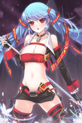 Rule 34 | 1girl, bare shoulders, belt, black thighhighs, blue hair, blush, breasts, choker, cleavage, deeple, elbow gloves, gloves, holding, large breasts, long hair, lowres, luthica preventer, midriff, navel, open mouth, red eyes, shiny skin, shorts, solo, sword girls, thighhighs, twintails, wrist cuffs