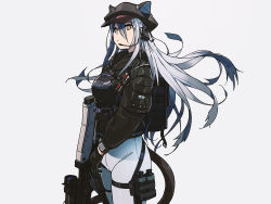 Rule 34 | 1girl, animal ears, arknights, arrow (projectile), backpack, bag, black bag, black gloves, black hat, black jacket, bow (weapon), closed mouth, crossbow, flashbang, gloves, grey gloves, grey hair, hair between eyes, hat, highres, holding, holding crossbow, holding weapon, hood, hood down, hooded jacket, jacket, long hair, microphone, multicolored clothes, multicolored gloves, pouch, schwarz (arknights), schwarz (skyline) (arknights), solo, tail, thigh strap, two-tone gloves, uki atsuya, weapon, yellow eyes