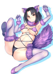Rule 34 | 1girl, animal ears, arm up, armpits, black hair, black panties, bosshi, breasts, brown eyes, cameltoe, cleft of venus, commission, cosplay, fate/grand order, fate (series), fingernails, fur trim, high heels, highres, kara no kyoukai, lying, mash kyrielight, mash kyrielight (dangerous beast), mash kyrielight (dangerous beast) (cosplay), navel, official alternate costume, on back, panties, parted bangs, pixiv commission, purple thighhighs, revealing clothes, ryougi shiki, sharp fingernails, short hair, simple background, solo, spread legs, squatting, tail, thighhighs, underwear