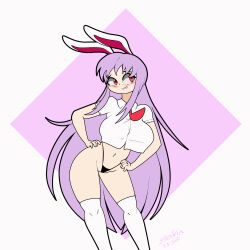 Rule 34 | 1girl, animated, animated gif, blush, bottomless, bouncing breasts, breasts, female focus, highres, large breasts, long hair, looking at viewer, necktie, purple hair, rabbit ears, rabbit girl, red eyes, reisen udongein inaba, shirt, solo, standing, thighhighs, thong, touhou, white shirt, white thighhighs, zedrin