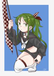 Rule 34 | 1girl, absurdres, alternate costume, alternate hairstyle, black sailor collar, black serafuku, black skirt, boots, checkered flag, commission, crescent, crescent hair ornament, crop top, flag, green eyes, green hair, grey hair, hair ornament, highres, holding, holding flag, kantai collection, kosame (iso), long hair, long sleeves, looking at viewer, nagatsuki (kancolle), neckerchief, on one knee, parted lips, ponytail, sailor collar, school uniform, serafuku, signature, simple background, skeb commission, skirt, solo, sweat, thigh boots, white neckerchief
