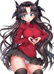 Rule 34 | 1girl, bad id, bad twitter id, black thighhighs, blush, fate/stay night, fate (series), hair ribbon, heart, heart hands, long hair, looking at viewer, open mouth, panties, ponytail korosuke, red sweater, ribbon, simple background, skirt, solo, sweater, thighhighs, tohsaka rin, turtleneck, underwear, very long hair, white background, white panties