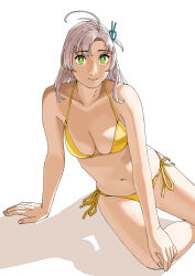 Rule 34 | 1girl, antenna hair, bikini, breasts, cleavage, closed mouth, collarbone, green eyes, grey hair, highres, kantai collection, kinugasa (kancolle), large breasts, long hair, looking at viewer, navel, ojipon, side-tie bikini bottom, simple background, smile, solo, stomach, swimsuit, white background, yellow bikini