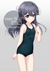 Rule 34 | 1girl, ahoge, alternate breast size, artist name, black hair, black one-piece swimsuit, blush, brown eyes, character name, checkered background, collarbone, commentary request, cowboy shot, eyes visible through hair, flat chest, gradient background, grey background, hair between eyes, highres, inaba shiki, kantai collection, logo, long hair, looking at viewer, new school swimsuit, one-hour drawing challenge, one-piece swimsuit, school swimsuit, side ahoge, simple background, solo, swimsuit, ushio (kancolle)