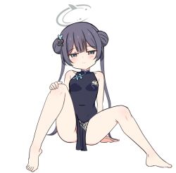 Rule 34 | 1girl, barefoot, black dress, black hair, blue archive, breasts, china dress, chinese clothes, double bun, dress, firli (ard), hair bun, hair ornament, hairpin, kisaki (blue archive), long hair, looking at viewer, m legs, no panties, small breasts, solo, spread legs, twintails